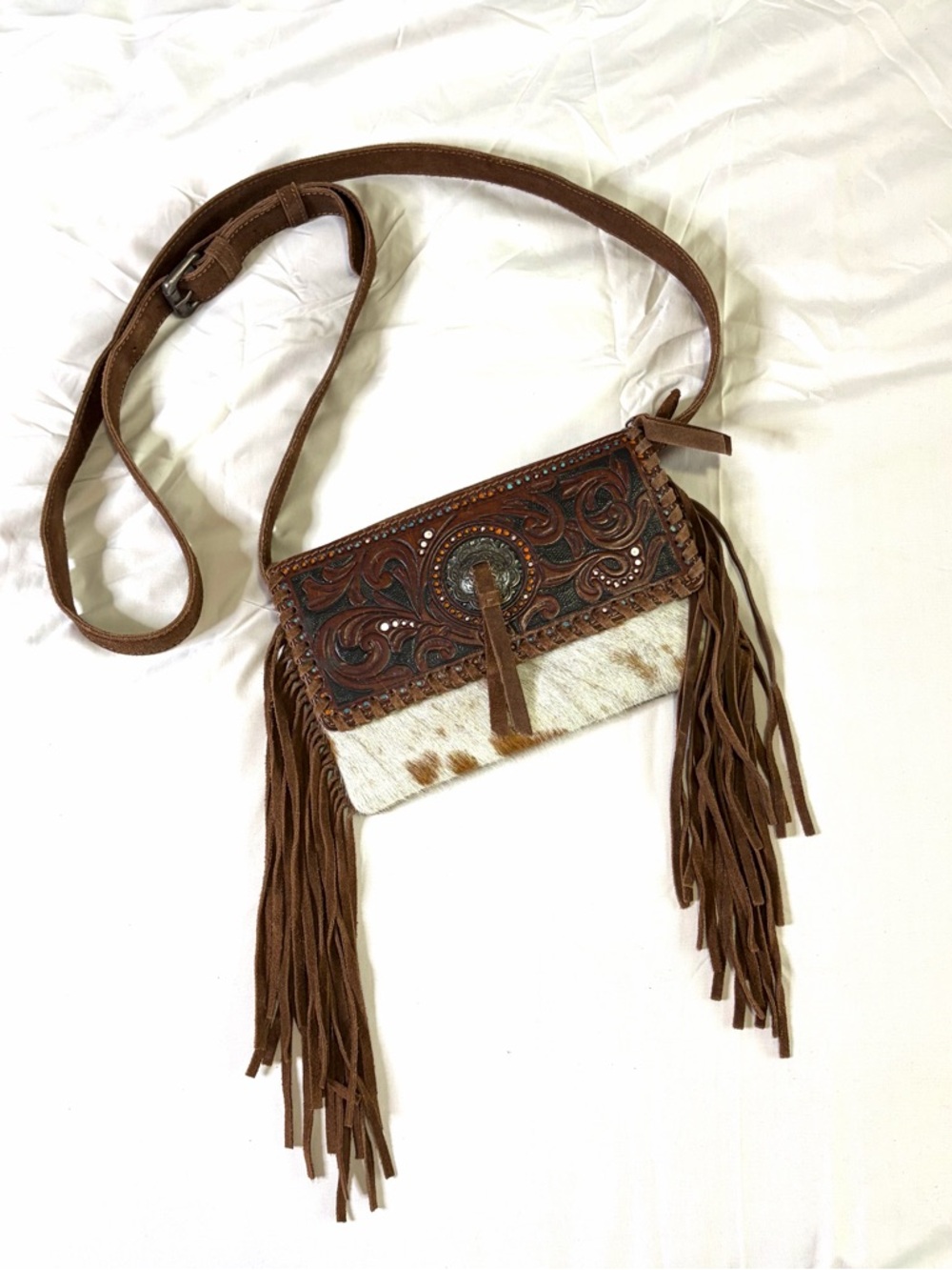 Shyanne Fringe Brown Leather Tooled Crossbody White/Tan Hair-On Hide bag purse